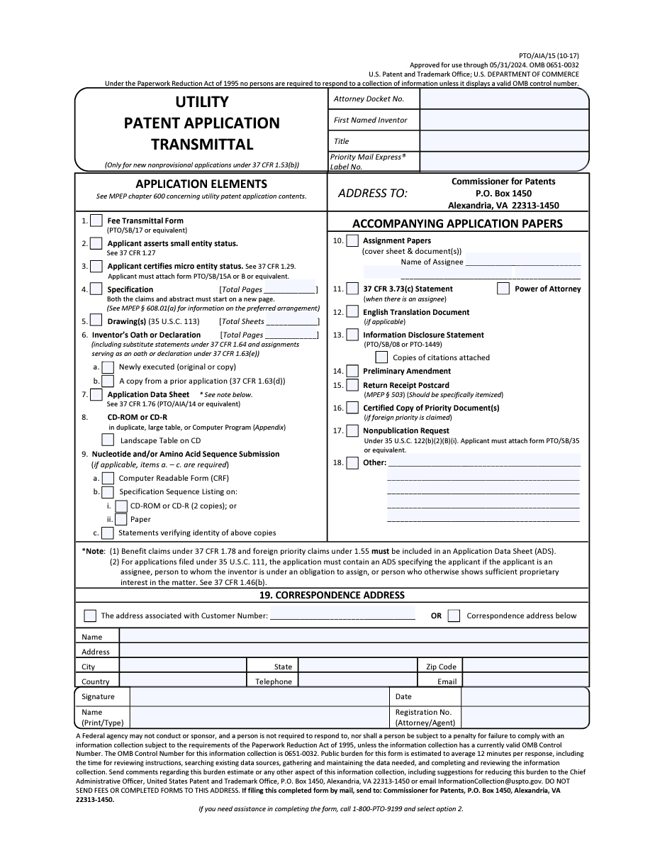 Utility Patent Application Transmittal